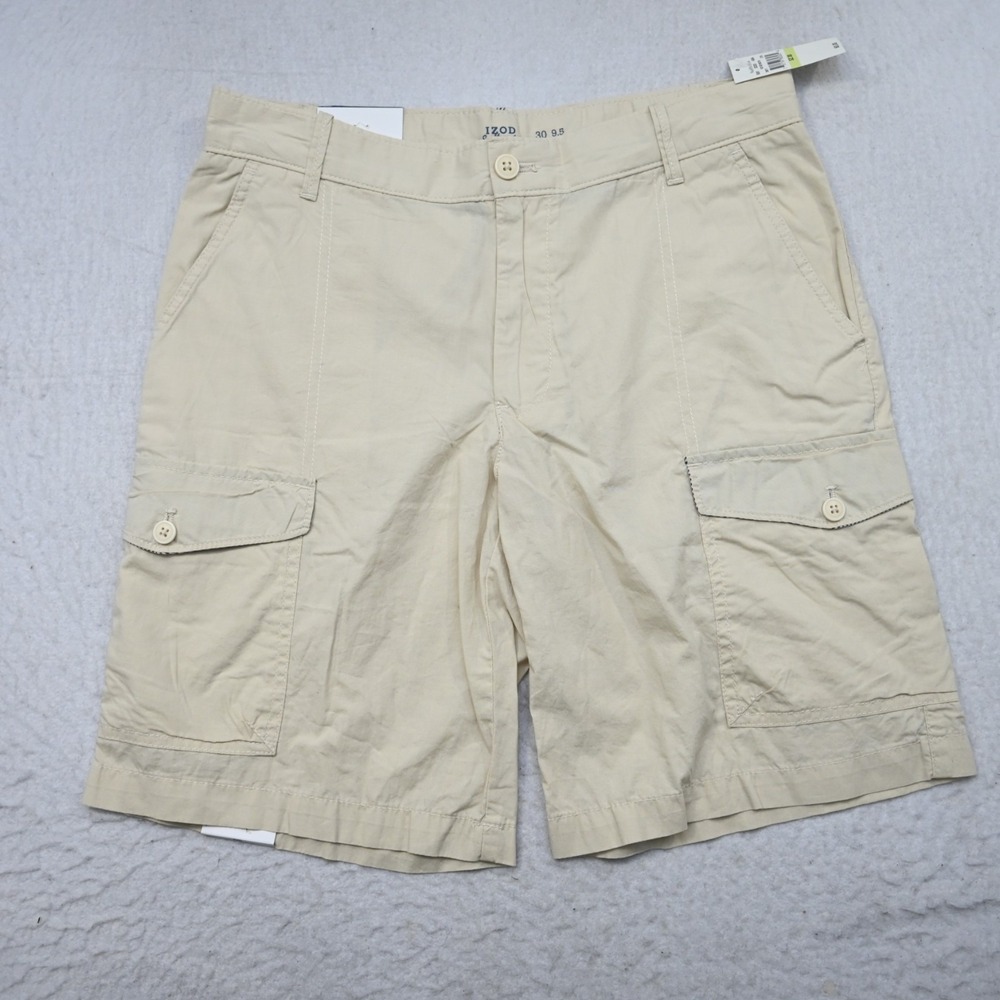 IZOD Saltwater Seaport Poplin Cargo Shorts Beige Flat Mens Size 32** x 9.5" NEW - Picture 2 of 6